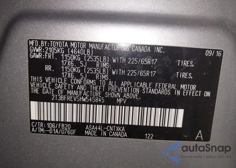 2017 Toyota Rav4 Le z USA, uszkodzony, nr VIN 2T3BFREV5HW545845